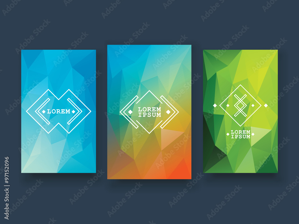Aufkleber low poly colorful background set with abstract symbols or badges. smartphone screen size for app wal