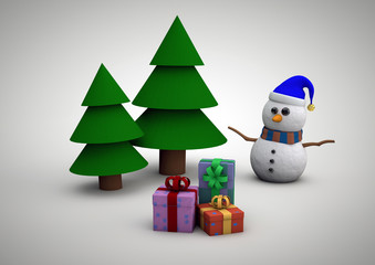 Snowman with gifts beside christmas tree.