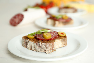 Tasty sandwiches on plates, close up