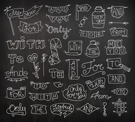 Doodle calligraphic funny catchwords set for romantic design with cute objects. Hand lettering words - and, with, for, from, the, to, only. Hand drawn retro vector illustration isolated on chalkboard.