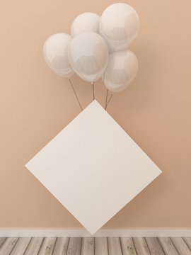 Empty picture frames in modern interior background on the white brick wall with rustic wooden floor with balloons. Celebration, New Year and birthday concept. Copy space image.
