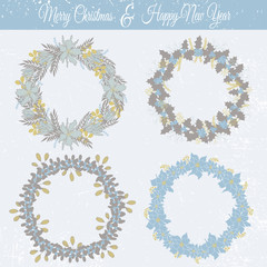 Set of vector winter floral frames with place for text.  Flower wreaths in pastel colors. Can be used for Christmas and New Year greeting cards, save the date cards, wedding invitations and other.