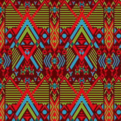 Vector Christmas Color Seamless Tribal Pattern Geometric Textile with Red Background