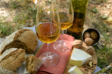 Naklejka na ściany i meble Beautiful composition of white wine, cheese, nuts and bread on the ground in the park