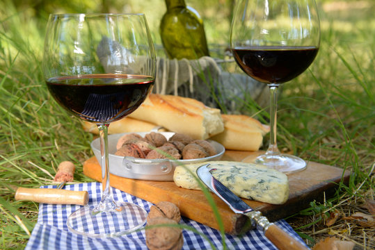 Wine, delicious cheese, walnuts and baguette on wooden board, outdoors