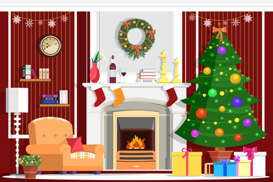 Colorful vector Christmas room interior design with fireplace, Christmas tree, gifts, decoration and modern furniture. Flat style vector illustration