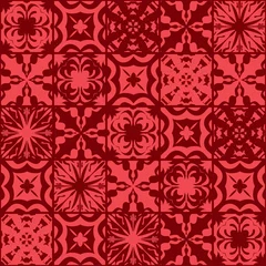 Tragetasche Vektornahtloses Patchwork-Muster Orientalische Ornamente, quadratische Sockel aus stilisierten Blumen und Blättern. Dekorativer geometrischer Textildruck © newrossosh