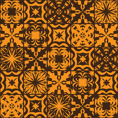Vector seamless patchwork pattern Oriental ornaments, square sockets of stylized flowers and leaves. Decorative geometric textile print