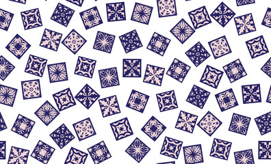 Vector seamless background of  tiles decorated with mosaics, the figures are stylized flowers and leaves. Square sockets are randomly scattered on the pattern.