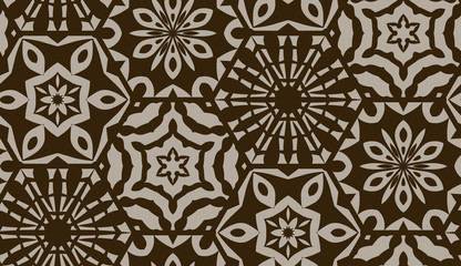Vector seamless pattern of honeycomb. Hexagon decorated with snowflakes. Snowflakes and hexagons patterns. Vintage Textile print