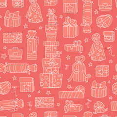 Set of cute doodle gift boxes. Collection of cartoon presents with hearts, bow, ribbon, stars. Hand drawn vector pink seamless pattern for wallpaper, web page background, surface kid textures.