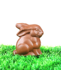 Naklejka premium Chocolate Easter bunny on green grass, on white background
