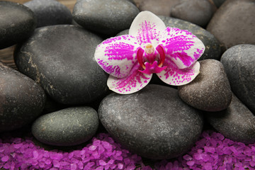 Fototapeta na wymiar Spa stones with orchid and salt closeup