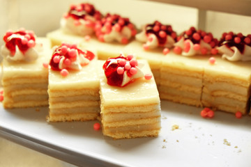 Delicious cakes at the shop, close-up