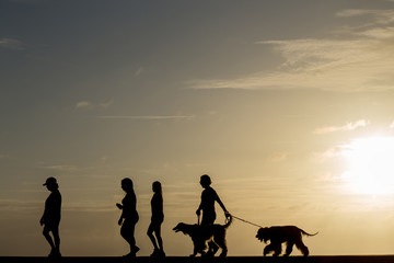 Fototapeta na wymiar Silhouette people walking at sunset