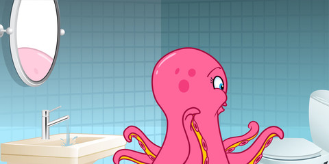 cartoon vector illustration of an octopus in a bathroom