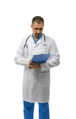 Portrait of a doctor with prescription board in hands isolated on white background