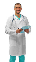 Portrait of a doctor with prescription board in hands isolated on white background