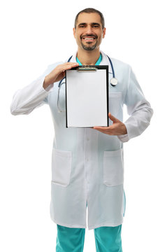 Portrait of a doctor with prescription board in hands isolated on white background