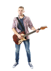 Young musician with guitar isolated on white