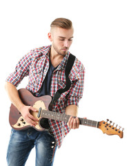 Young musician with guitar isolated on white