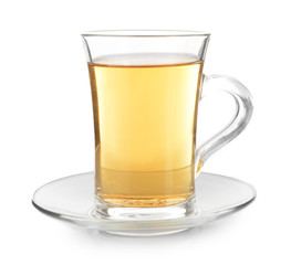Glass cup of tea isolated on white background