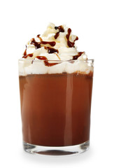 Hot chocolate with whipped cream in mug isolated on white