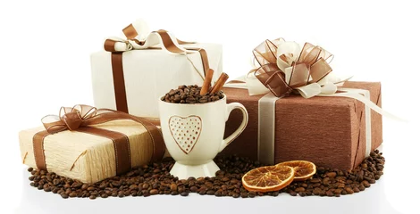 Gordijnen Beautiful gifts with bows and coffee grains isolated on white © Africa Studio
