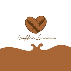 Coffee love logo template. Two beans with heart shape concept with Splash