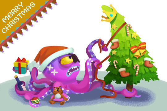 Illustration: The Octopus Monster Comes to wish You Merry Christmas! Realistic Fantastic Cartoon Style Character / Holiday Card Design.