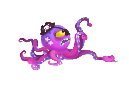 Illustration: The Angry Octopus Monster Pirate Captain! Isolated on White Background. Realistic Fantastic Cartoon Style Character / Holiday Card Design.