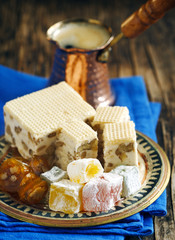 Turkish sweets. (Baklawa, mixed Lokum, Grape Molasses with walnu