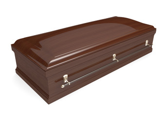 Closed wood coffin with carrying handles