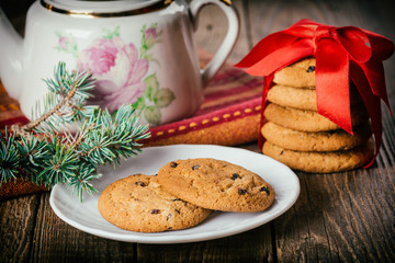Holiday Decorations, Christmas cookies with raisins, Photo in retro style, toned image, selective focus