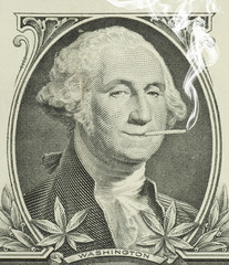 George Washington smoking a joint with pot leaves along the bottom representing decriminalization and legalization of marijuana in the United States - obrazy, fototapety, plakaty