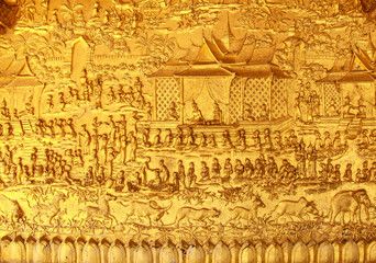 Fototapeta na wymiar Gold Carving Wall of Temple - Luang Prabang, Laos