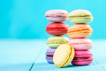 French Macaroons On Blue Background