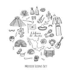 Hand drawn doodle Mexico set Vector illustration Sketchy mexican food icons United Mexican States elements Flag Maracas Sombrero Viva Mexico Maya Pyramid Aztec Tequila Agave Mariachi Poncho Guacamole