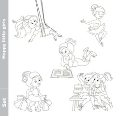 Happy little girls set outlined. 