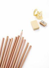 Pencils and Pencil sharpener on white background 