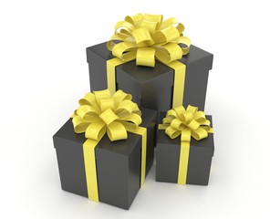 three gift boxes with bows on white