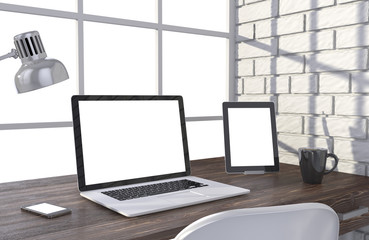 3D illustration laptop and work stuff on table near brick wall, Workspace