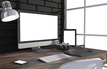Fototapeta premium 3D illustration PC screen on table in office, Workspace