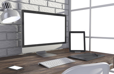 Fototapeta premium 3D illustration PC screen on table in office, Workspace