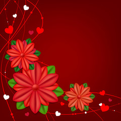 Red background with abstract flowers and hearts