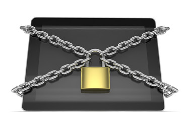 tablet PC with chains and lock isolated on white background