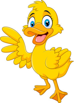 Cartoon funny duck waving hand isolated on white background 