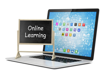  Laptop with chalkboard, online education concept