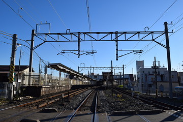 Fototapeta na wymiar 常磐線の線路（複線）／茨城県で常磐線の線路（複線）を撮影した写真です。JR佐貫駅近く（牛久駅方面）の踏切から撮影した写真です。