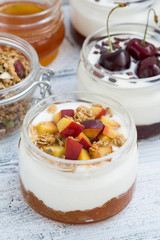 dessert with cream, peach and cherry  jam, vertical